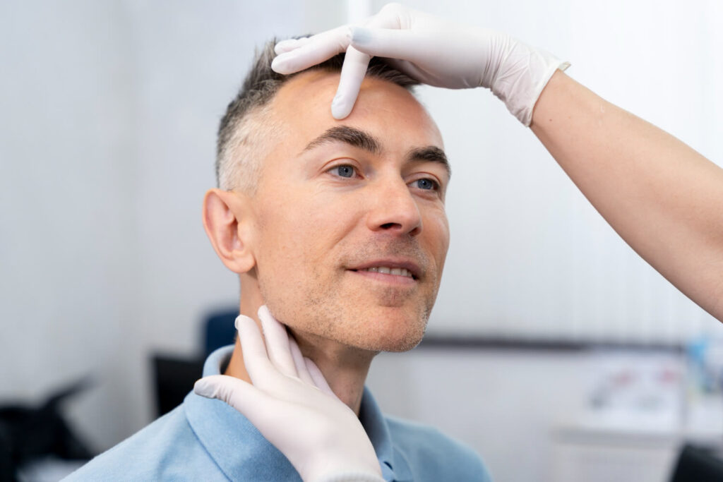 A high quality image of a patient being assessed after he recovered from a faceial implant surgery