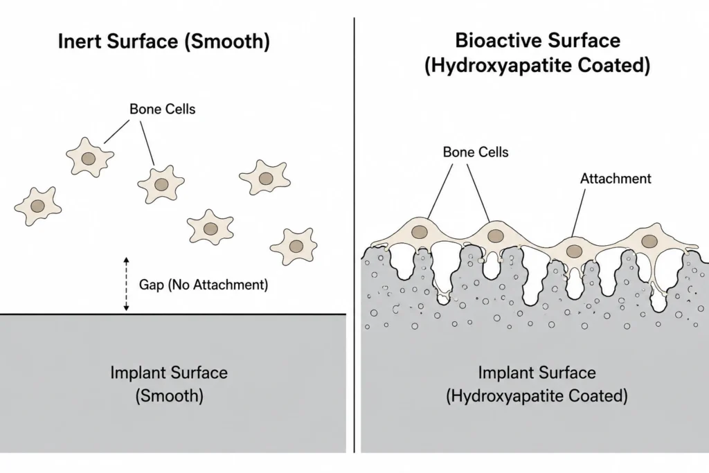 A split vector diagram magnifying an implant surface and comparing PEEK vs silicone facial implants. Left: an inert smooth surface where bone cells do not attach. Right: a bioactive, hydroxyapatite-coated porous surface where bone cells are actively growing into and attaching to the material.