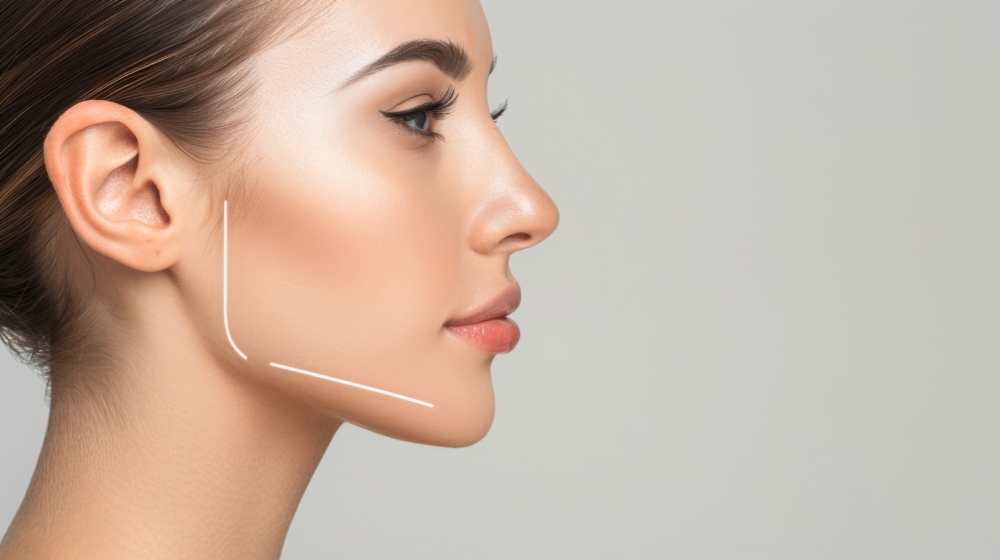 closeup-profile-woman-her-jawline-marked-by-white-lines-desired-contour-hair-pulled-back (1)