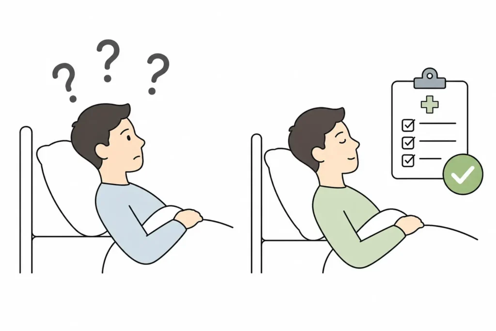 A simple flat vector drawing contrasting a patient going through a facial implant recovery alone with question marks, versus a patient recovering with structured daily monitoring via a medical clipboard.