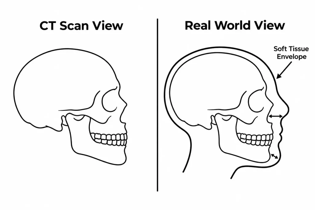 A split vector drawing. Left side shows a bare skull outline representing a CT scan. Right side adds a soft tissue outline over the skull, highlighting the skin and fat layer.