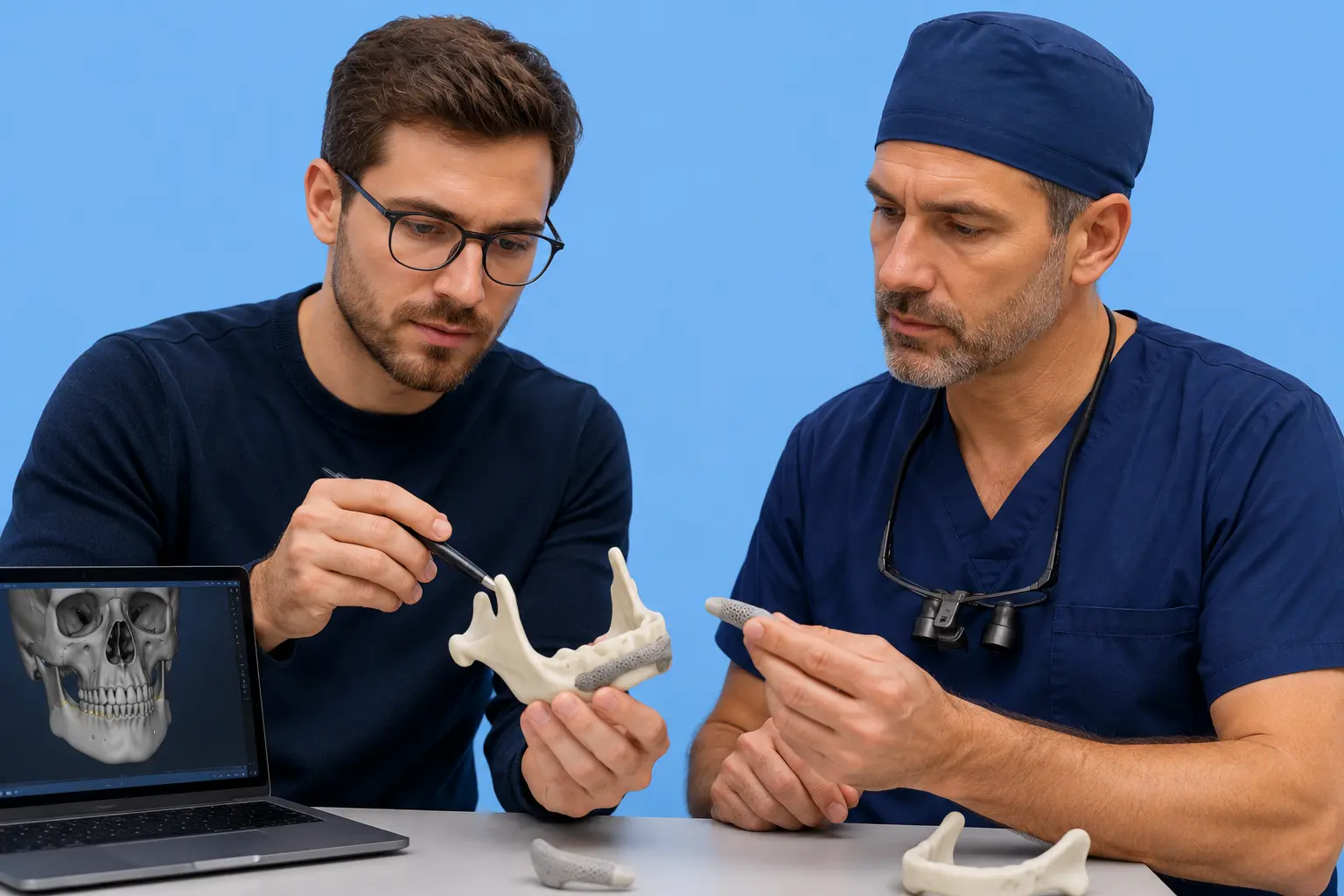 Facial implant designer and surgeon examining a custom jaw implant together against a blue background.