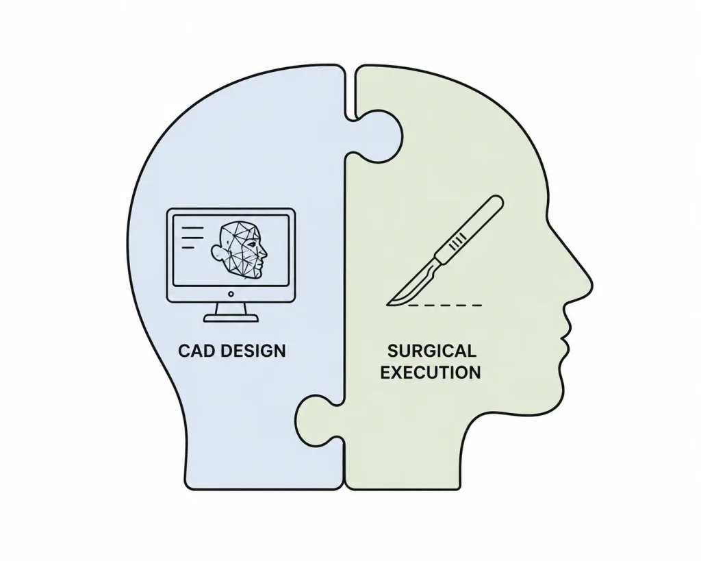 A simple vector graphic showing two interlocking puzzle pieces, one labeled CAD Custom Facial Implant Design and the other labeled Surgical Execution, forming a complete face profile.