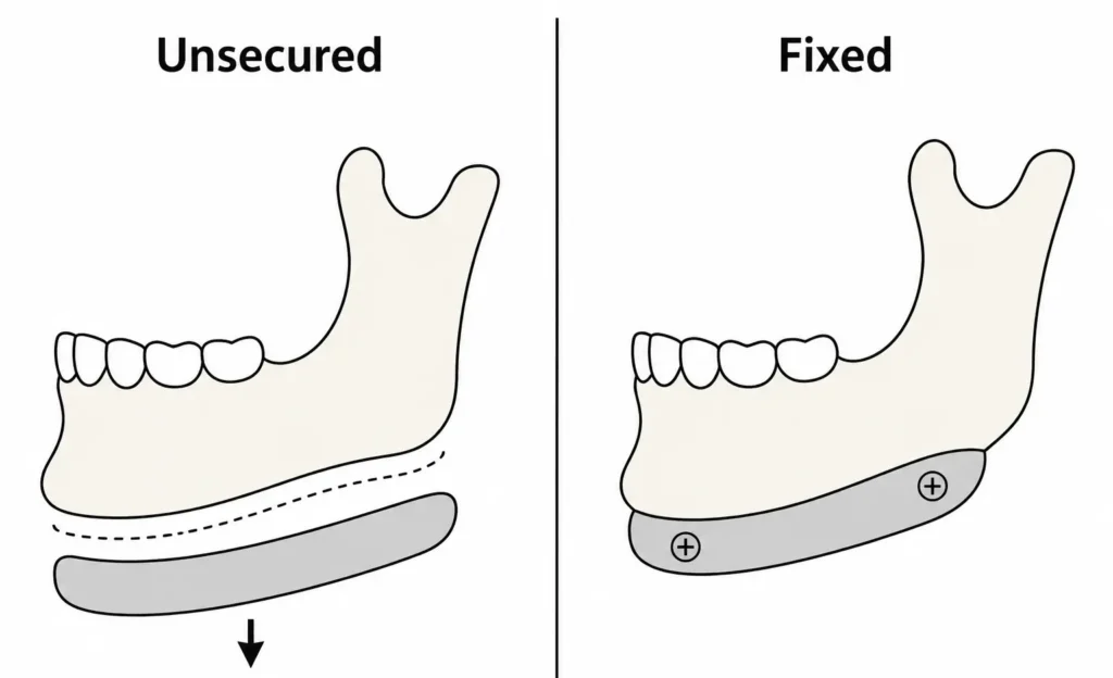 A split vector diagram. One side shows an unsecured implant sliding downward. The other side shows an implant held firmly in place with surgical screws.