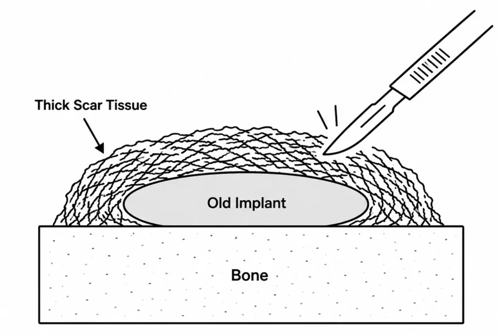 A cross-section vector drawing showing an old implant encased in a thick, dense layer of scar tissue, making surgical removal difficult.