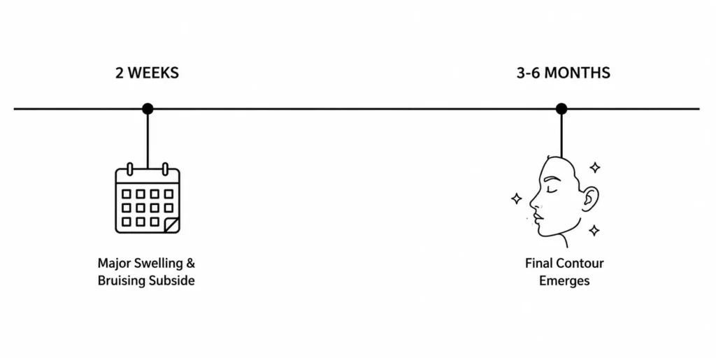 A horizontal vector timeline marking two distinct phases: 2 weeks for major bruising to subside, and 3-6 months for the final facial contour to emerge.