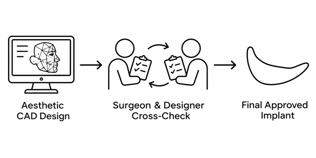 A linear flowchart showing a 3D designer and a maxillofacial surgeon cross-checking a facial plan together before manufacturing the implant.