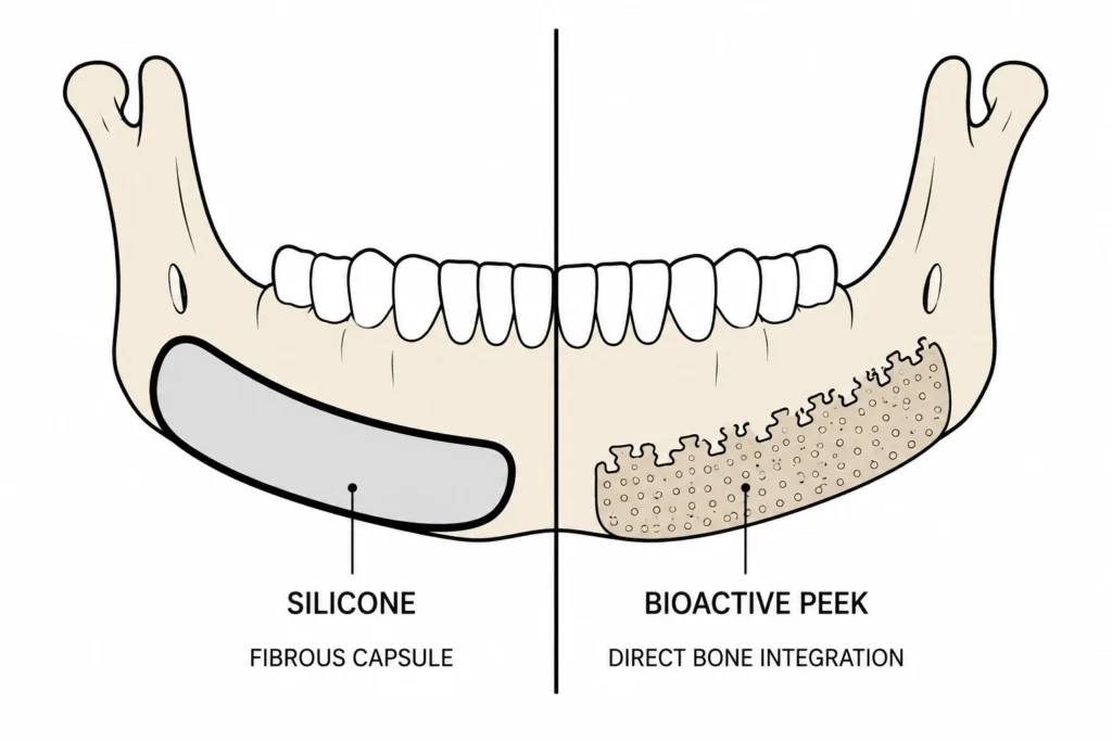 A simple flat vector drawing comparing PEEK vs silicone facial implants on a jawbone. The left side is smooth silicone, and the right side is textured PEEK.