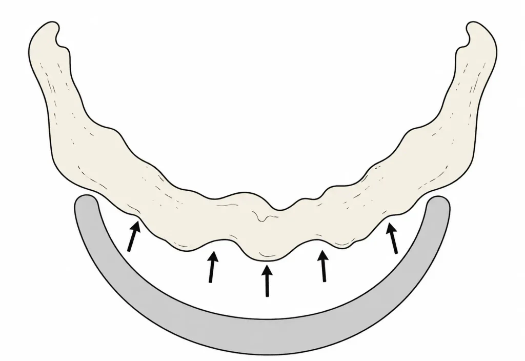 A flat vector drawing showing a straight, standard implant placed on an uneven jawbone, highlighting the gaps where it fails to make contact. This causes suboptimal facial implant results