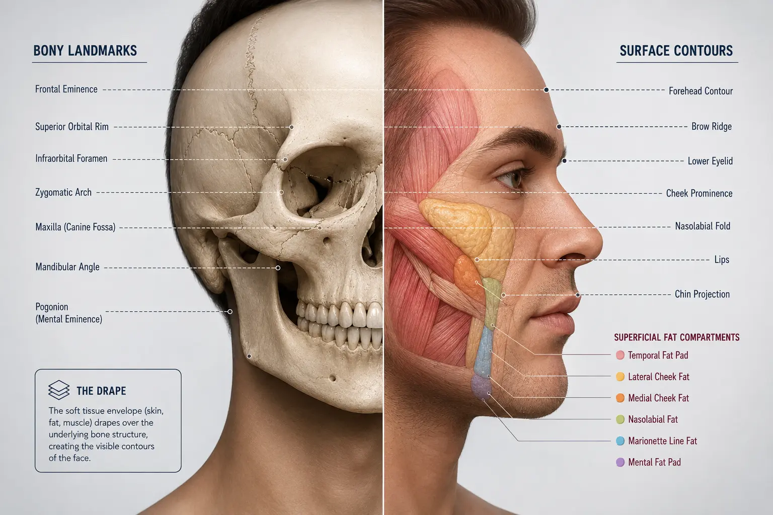 A side-by-side medical illustration comparing a human bone structure vs soft tissue (skin, fat, and muscle layers).