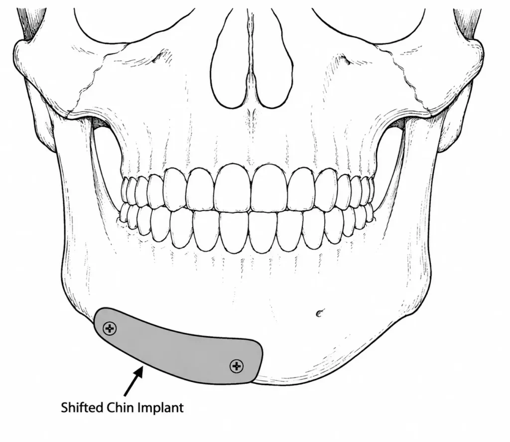A frontal view skeletal diagram showing a standard chin implant that has shifted off-center to the left, creating visible facial asymmetry.