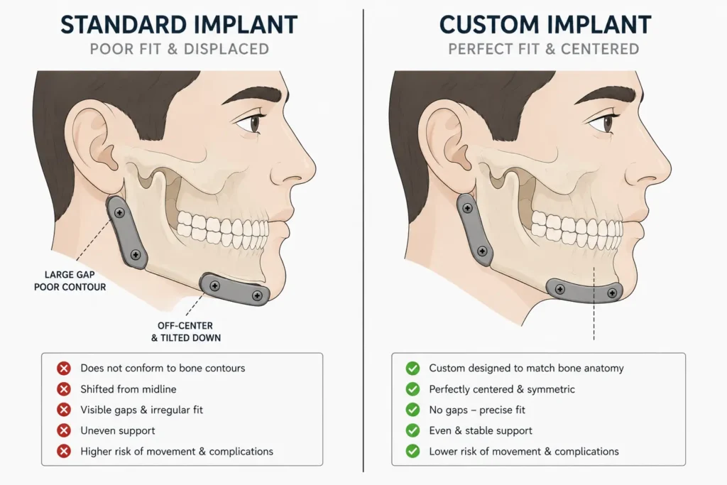 A high-quality, vector art showing a split view of a jawbone, contrasting a poorly fitted standard chin implant with a perfectly contoured custom implant after facial implant revision surgery.
