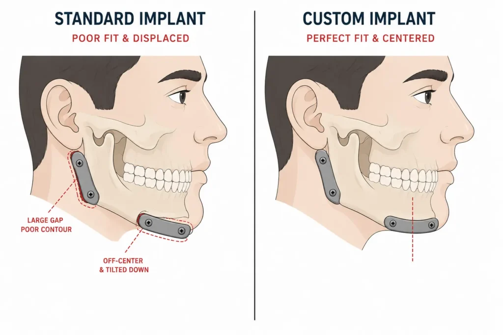 A high-quality, vector art showing a split view of a jawbone, contrasting a poorly fitted standard chin implant with a perfectly contoured custom implant after facial implant revision surgery.