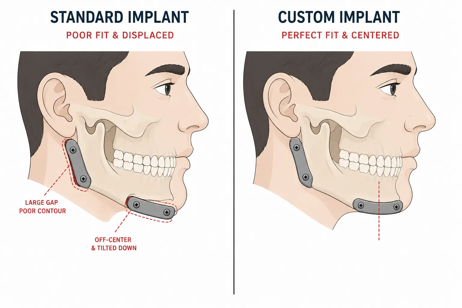 A high-quality, vector art showing a split view of a jawbone, contrasting a poorly fitted standard chin implant with a perfectly contoured custom implant after facial implant revision surgery.