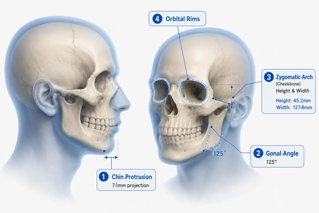 A translucent 3D medical illustration showing a profile and oblique view of a human skull, with dynamic blue lines and measurements defining Chin Protrusion, Gonial Angle, Zygomatic Arch (Cheekbone) Height and Width, and Orbital Rims.