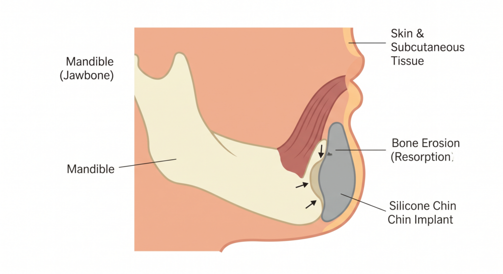 A profile cross-section diagram of a chin showing a standard silicone implant pressing into the jawbone, creating a concave indentation labeled as bone erosion.