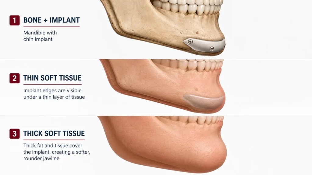 A comparison visual showing a custom jaw implant on bone, and how it appears externally on a patient with thin tissue (sharp definition) versus a patient with thick tissue (softer, bulkier definition).