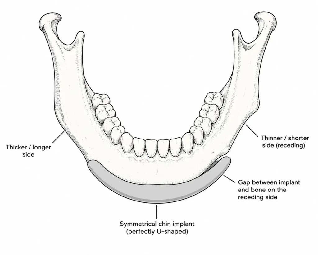 A clinical line drawing showing a perfectly symmetrical stock chin implant placed over a naturally asymmetrical lower jawbone, highlighting the resulting gaps and poor fit on one side.