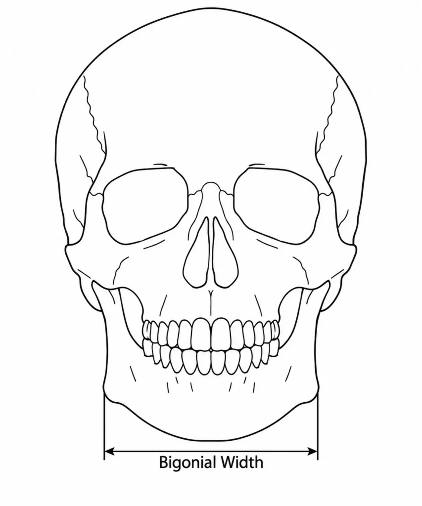 Een vectorillustratie van de voorkant van een menselijke schedel, met een horizontale meetlijn die de twee kaakhoeken met elkaar verbindt om de bigoniale breedte te illustreren.