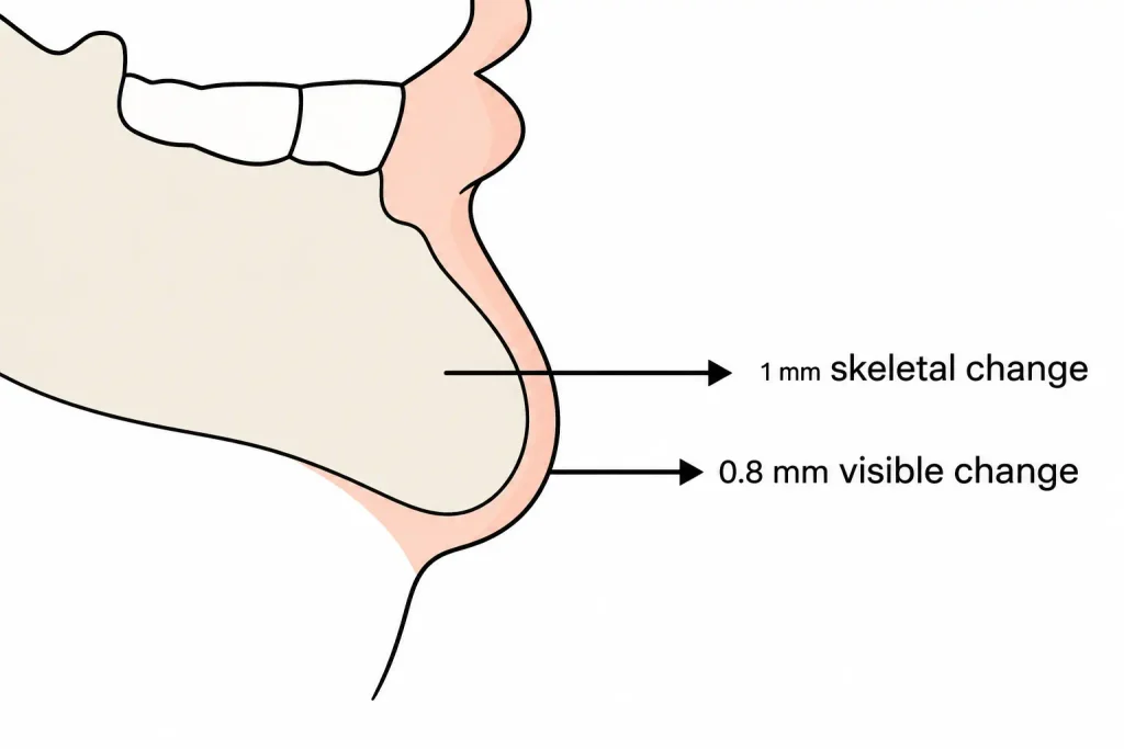 Vector diagram of a chin profile showing a 1 millimeter skeletal advancement resulting in only a 0.8 millimeter soft tissue advancement at the skin surface.