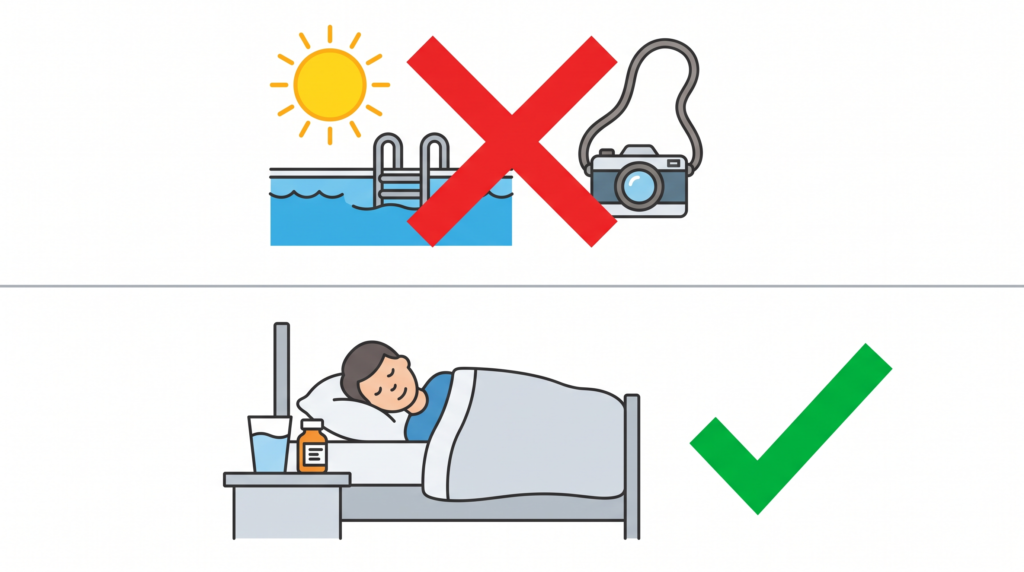 A split-screen vector diagram contrasting restricted vacation activities like swimming and sunbathing with appropriate indoor surgical recovery.