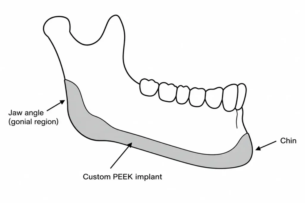 Flat vector profile of a jawbone showing custom PEEK facial implants placed over a recessed chin and weak jaw angle.