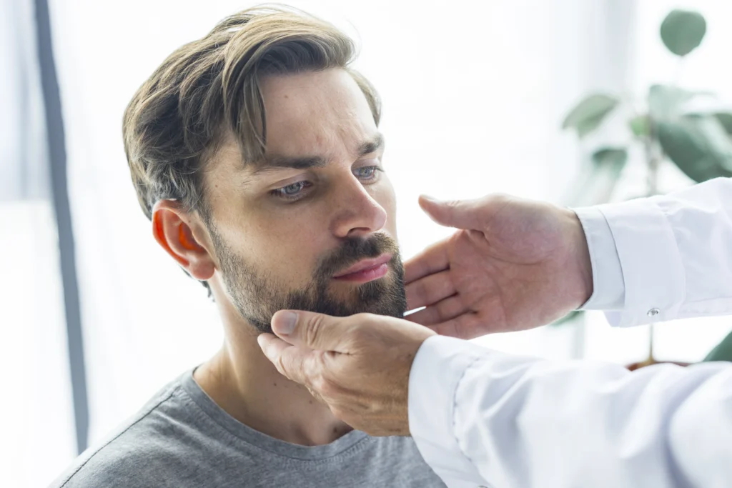 A doctor examining his patient's jaw before the wrap around jaw implant procedure