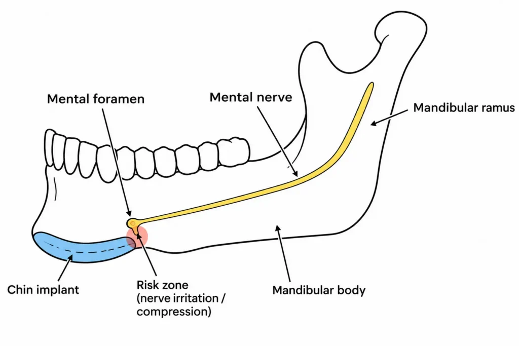 A flat vector illustration showing a profile view of the lower jaw, highlighting the mental nerve pathway and its relationship to a placed chin implant, indicating risk zones for paresthesia, which is among the facial implant complications.
