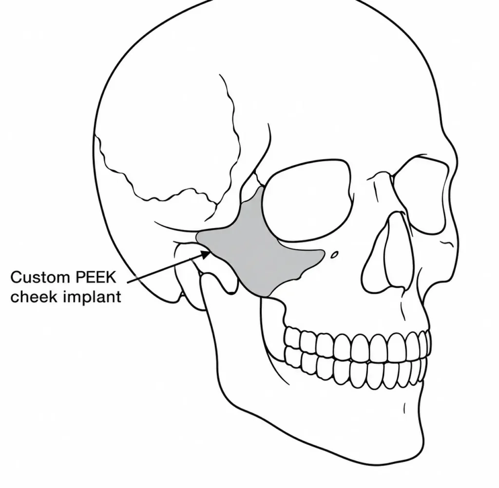 Vector illustration of a skull highlighting the cheekbone area with a custom PEEK implant for midface deficiency.