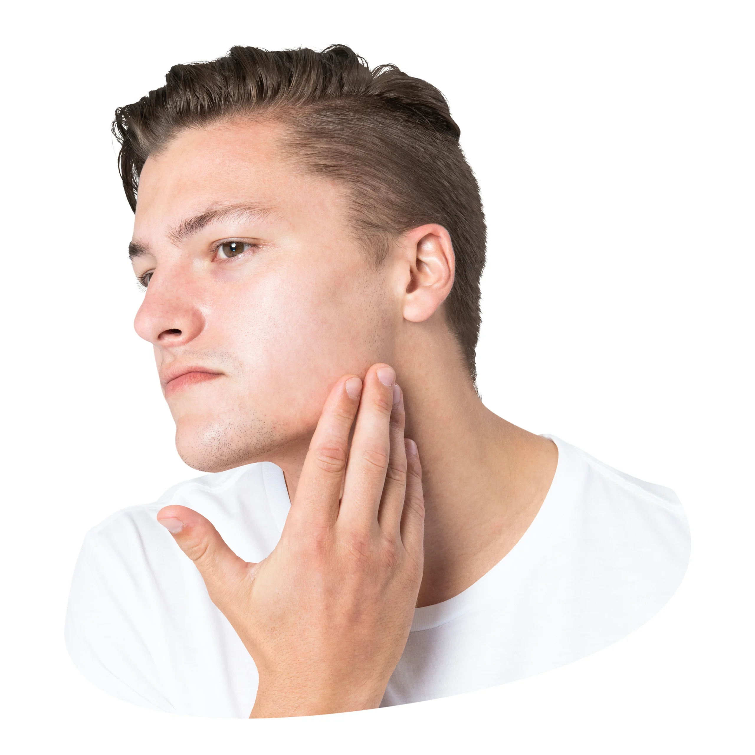 A photo of a shaved man inspecting his jawline