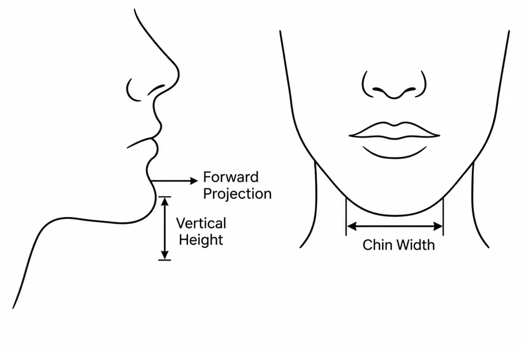 Frontal and profile vector outlines of a lower face, with arrows indicating three directions of chin augmentation: forward projection, vertical height, and horizontal width.