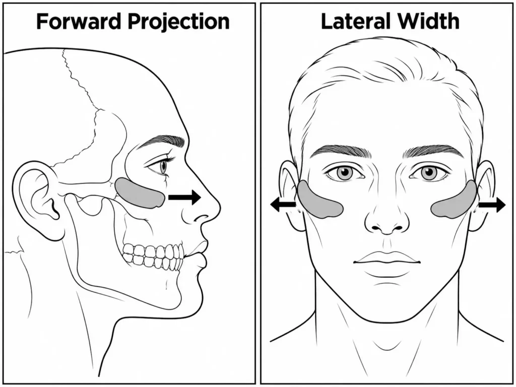 A split flat vector diagram showing a profile view for forward cheek projection and a frontal view for lateral cheek width.