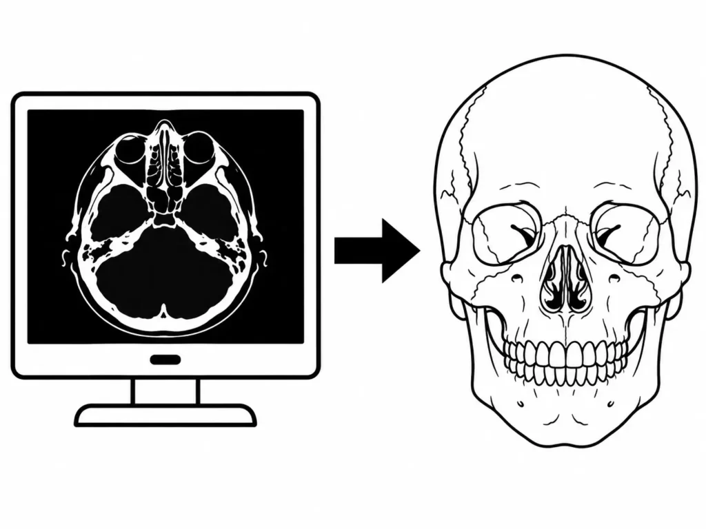 Flat vector diagram illustrating how are custom facial implants designed, showing a CT scan screen with an arrow pointing to a reconstructed 3D digital skull model ready for custom implant planning.