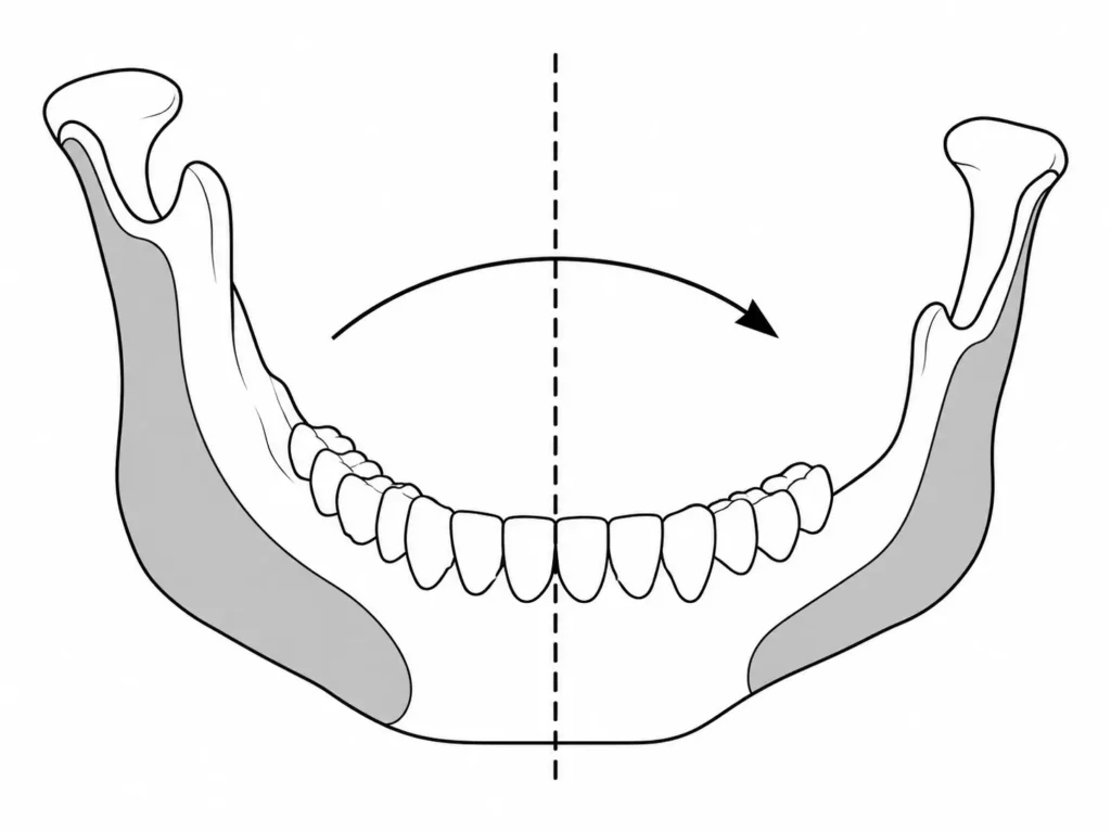 Vector illustration of an asymmetrical jawbone showing a digital reflection line duplicating the contour of the developed side onto the deficient side.