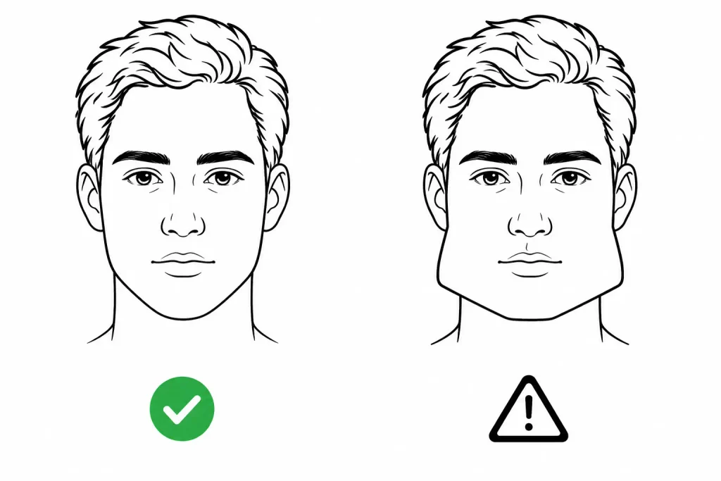 A flat vector diagram showing a balanced jawline next to an overly exaggerated, artificially wide jawline with a caution symbol that shows that it is a reason for bad social consequences of facial surgery, illustrating that bigger is not always better.