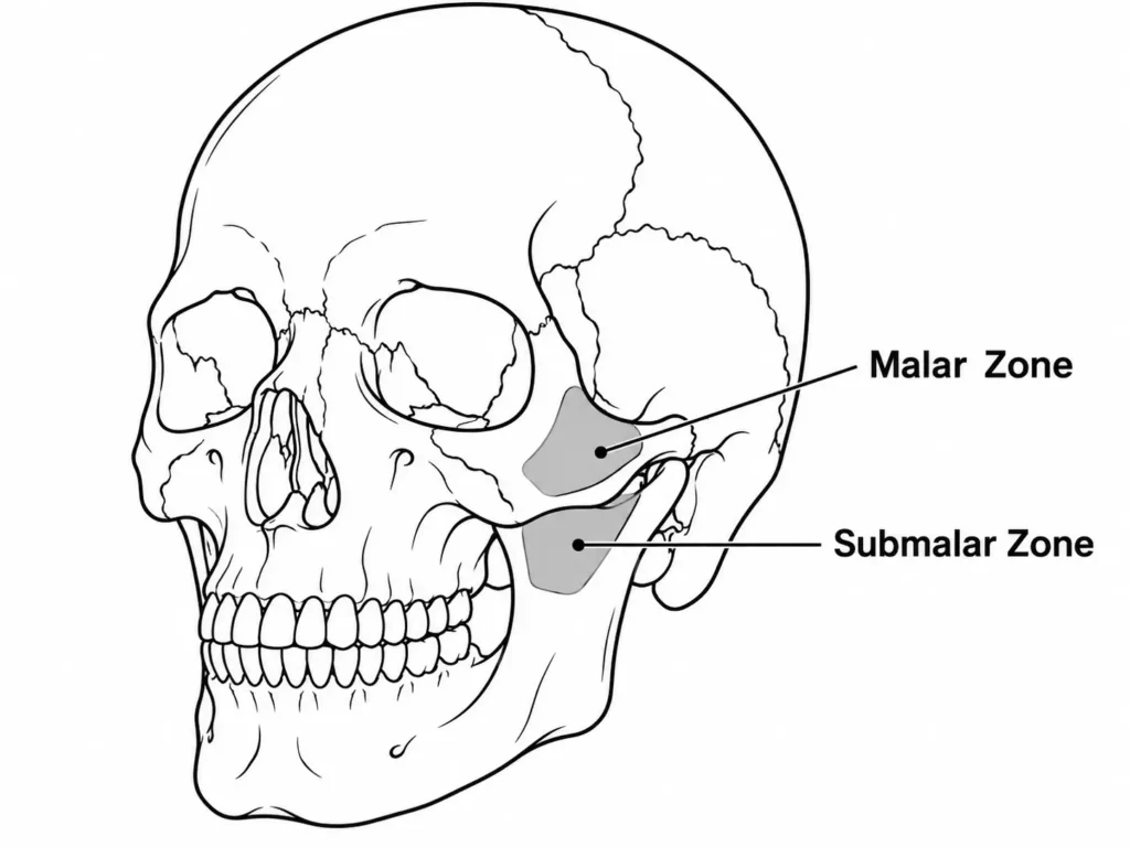 A flat vector illustration of a skull showing two distinct cheek augmentation zones: the higher malar prominence and the lower submalar region.
