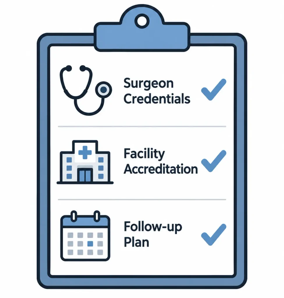 Een platte vectorillustratie van een medisch klembord met een checklist voor PEEK-gezichtsimplantaten in het buitenland, waarop onderdelen zoals de kwalificaties van de chirurg, de accreditatie van de medische instelling en het nazorgplan zijn afgevinkt.