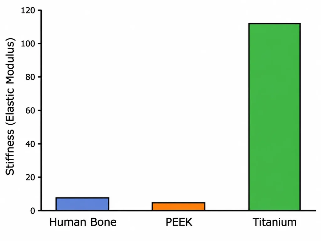 A flat vector bar chart comparing the stiffness of human cortical bone, PEEK, and titanium, showing titanium is vastly more rigid than the other two.