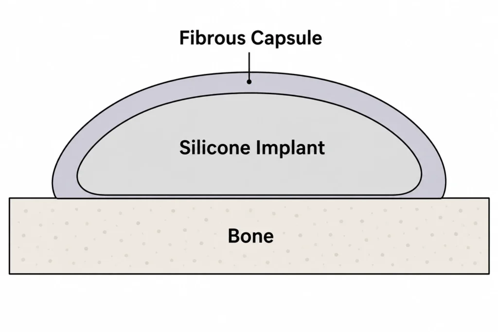 Diagram dat een standaard PEEK-implantaat toont, omgeven door een dikke kapsel van vezelig weefsel dat het implantaat scheidt van het onderliggende bot. Bij bioactieve PEEK-implantaten voor het gezicht komt dit zelden voor.