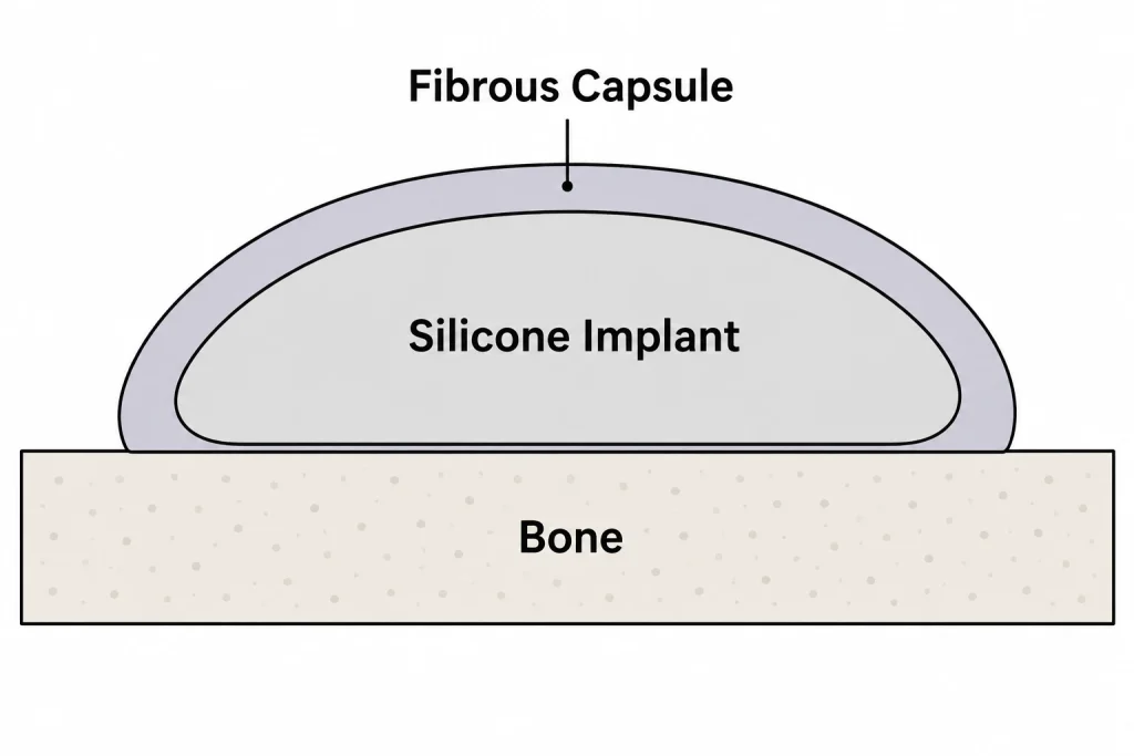 Diagram showing a standard PEEK implant surrounded by a thick fibrous tissue capsule that separates it from the underlying bone. This rarely happens with bioactive PEEK facial implants.