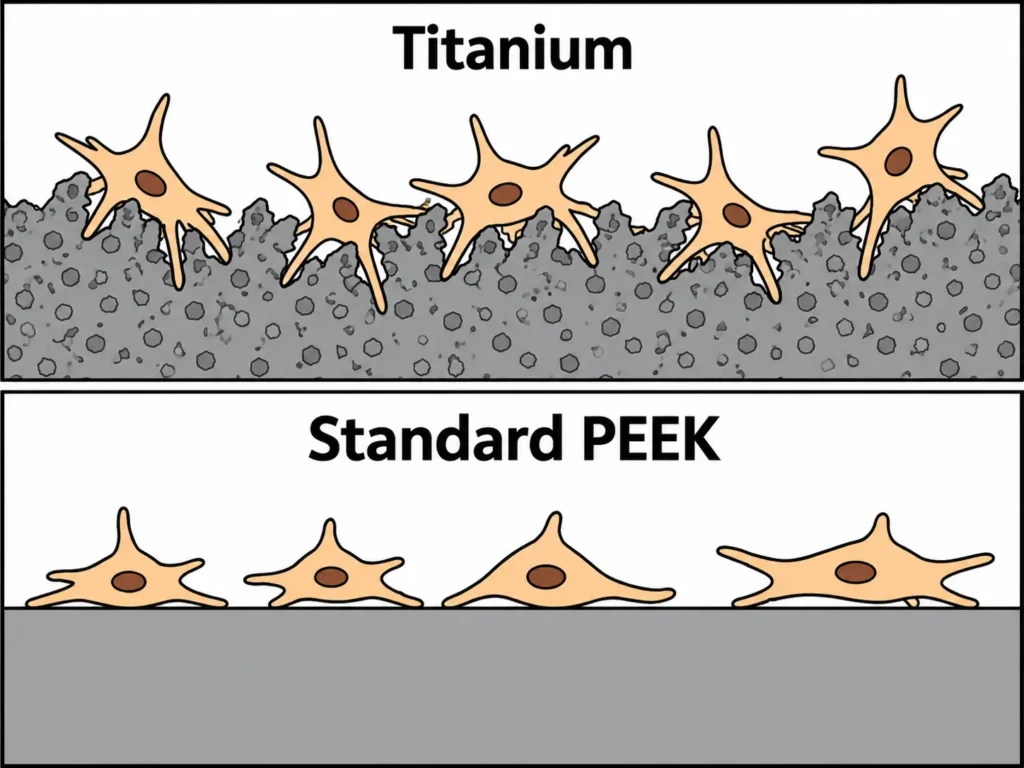 A split flat vector diagram comparing bone cells integration between peek vs titanium facial implants. It integrates tightly with a titanium surface versus bone cells resting against a smooth, inert standard PEEK surface.