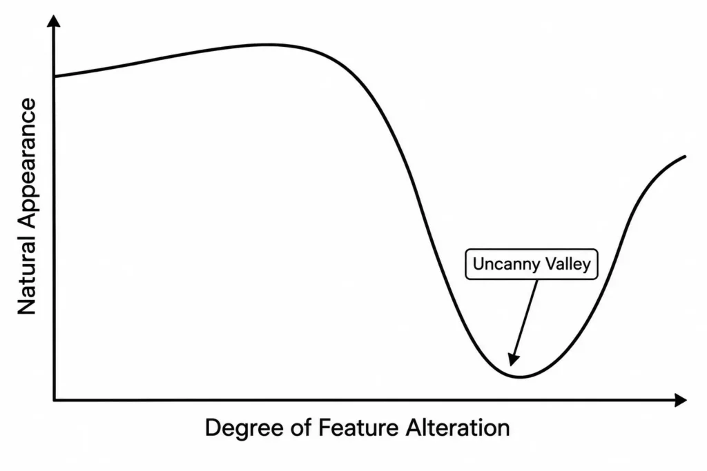 Een platte vectorlijngrafiek die het concept van de 'uncanny valley' (griezelvallei) illustreert, waarbij een toename van extreme gezichtsaanpassingen leidt tot een scherpe afname van de natuurlijke uitstraling.